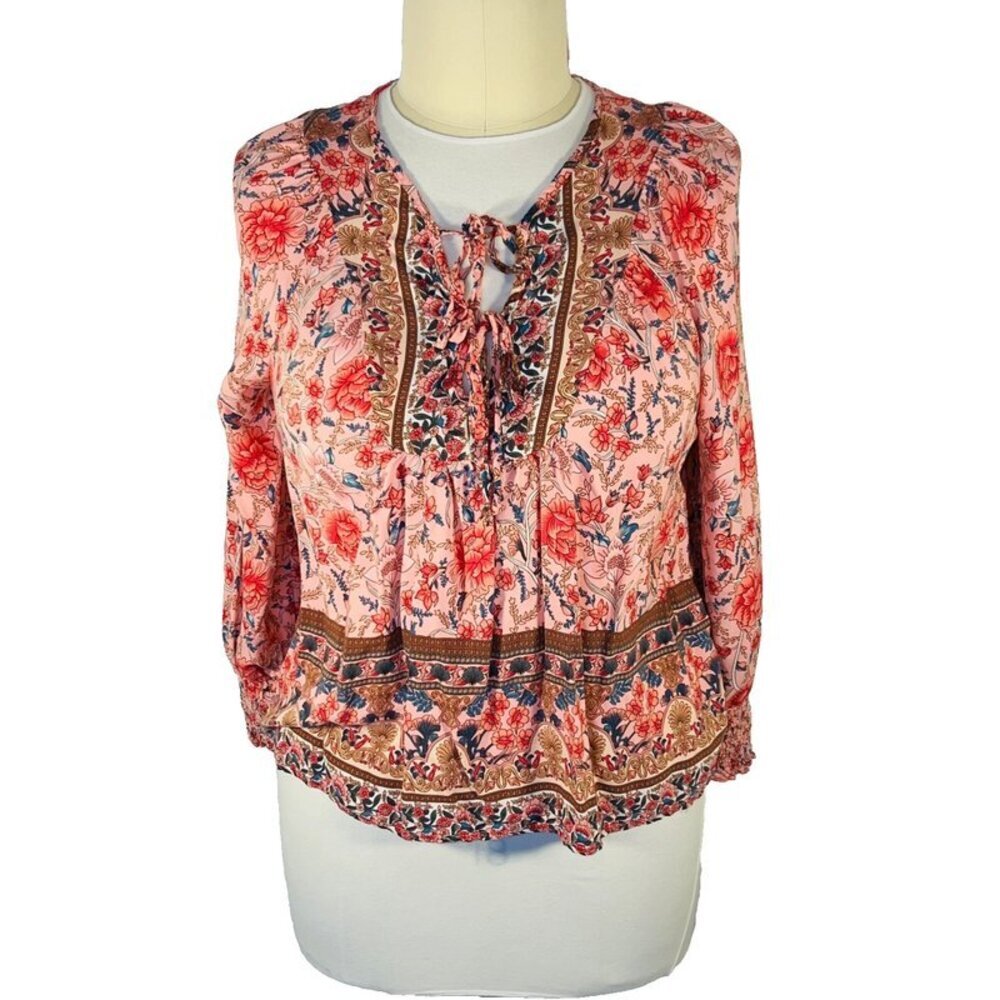 Women's Blouse XL Pink Gold Peasant Vintage Floral V-Neck Tie Front Long Sleeve
